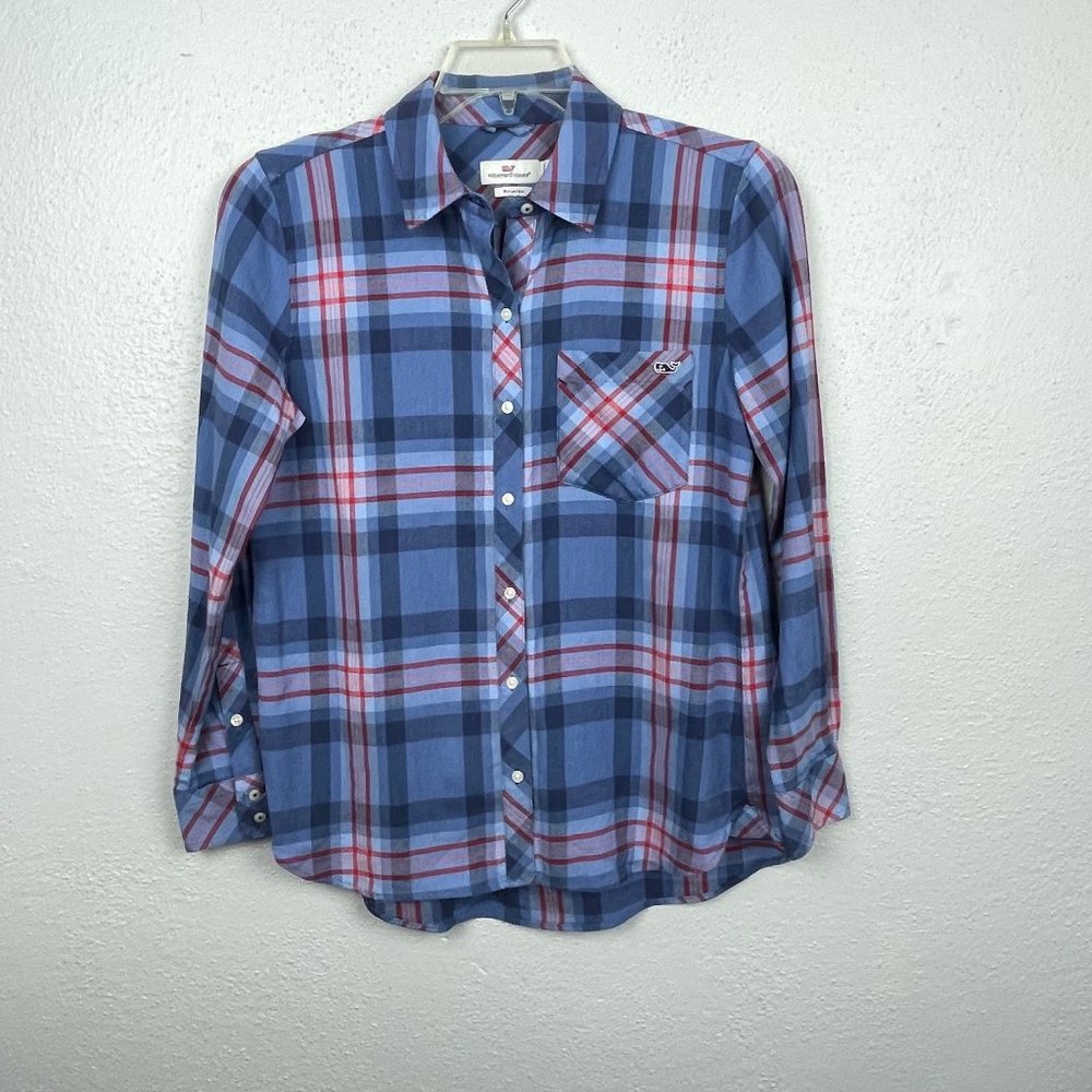 Vineyard Vines Women's Blue Plaid Flannel Long Sleeve Button Up Top Size 4